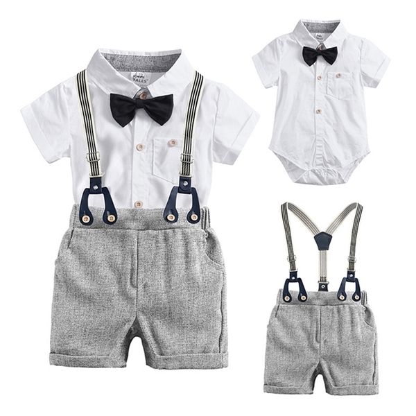 Doğan Bebek Erkek Yaz Örgün Giyim Set Yay Düğün Doğum Günü Erkek Genel Takım Elbise Beyaz Romper Gömlek Toddler Beyefendi Kıyafet 210521