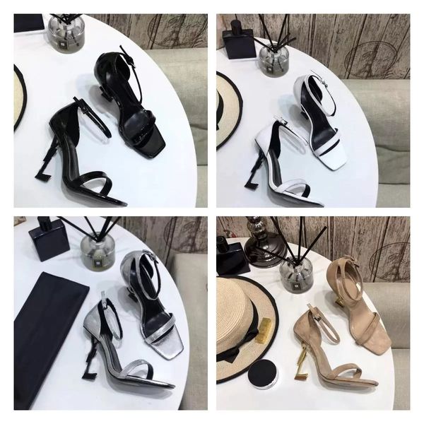 

2021 luxury designer women sandals dress shoes opyum shoe genuine leather high heels metal heel adjustable ankle straps casual fashion with, Black