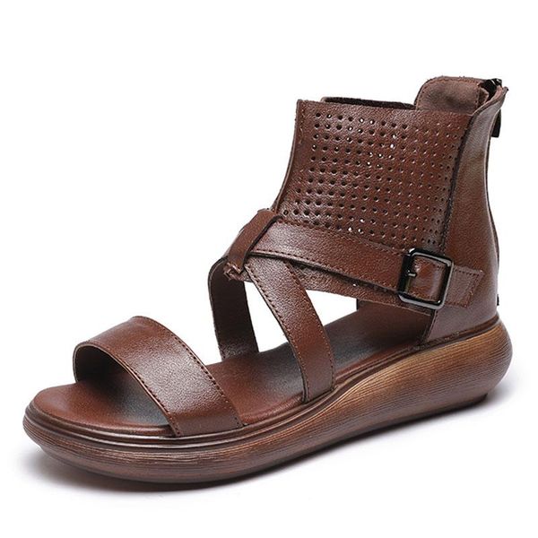

dress shoes women genuine leather wedges sandals 2021 summer open toe roman ladies back zipper platform gladiator, Black