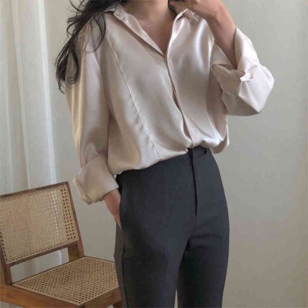 

colorfaith new women summer autumn blouses shirts elegant satin casual vintage oversize office lady wild long bl2003 210413, White