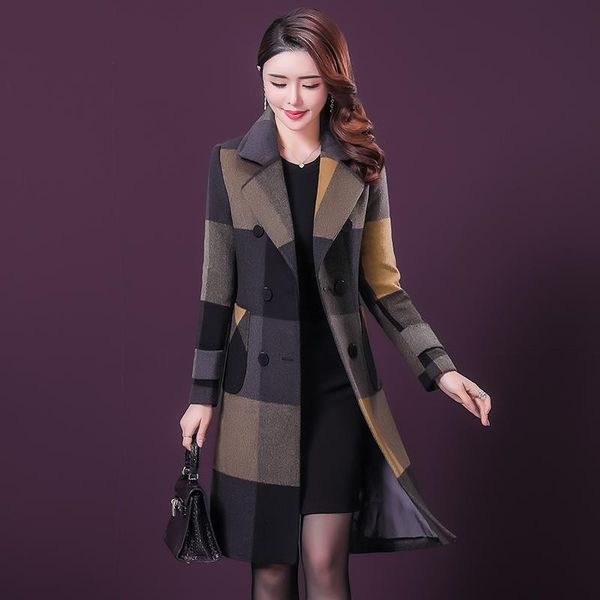 

women's wool & blends l-5xl women coat autumn winter 2021 fashion thicken warm plaid overcoat slim long outerwear female, Black