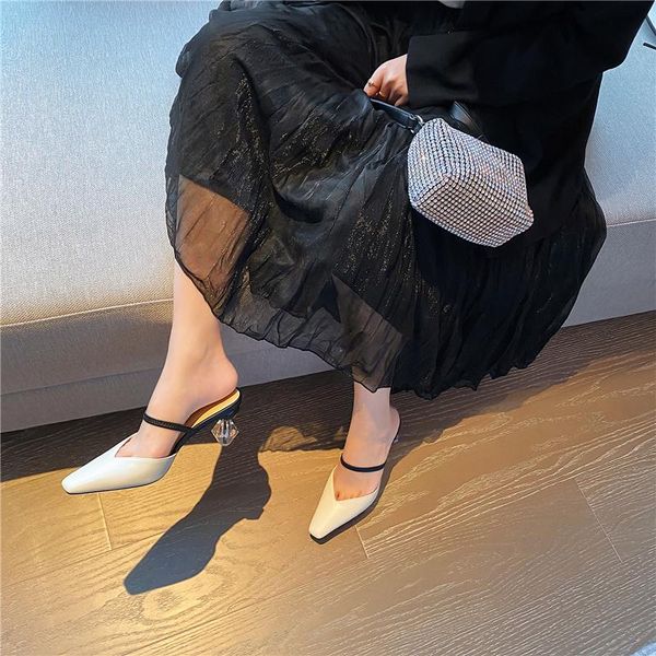 

slippers 2021 summer crystal heel female baotou muller leather sandals and special-shaped high-heeled z907, Black