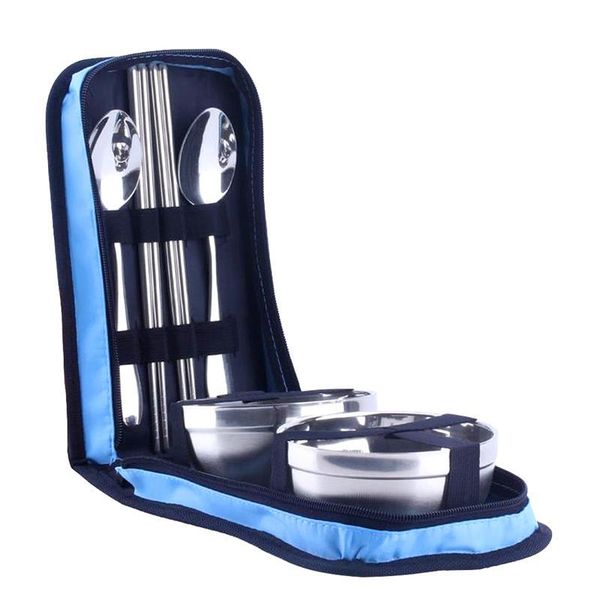 

picnic tourist set outdoor stainless steel tableware camping cutlery chopsticks spoon bowls bag dinnerware travel tools storage bags