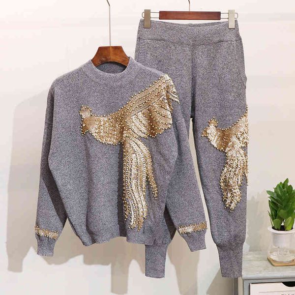

women's two piece pants fashion sequin embroidery knitted sweater women set autumn winter long sleeve tracksuit + 2 women pants g3, White