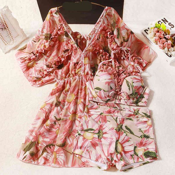 

swimwear new south korea ins fairy fan floral dress conservative cover belly show thin big size split three piece swimsuit, White;black
