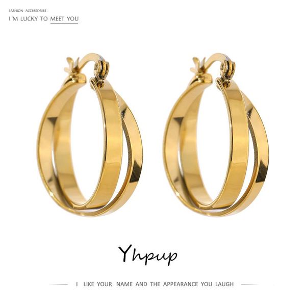 

hoop & huggie yhpup charm metal layered round hollow earring for women stainless steel gold color 18 k plated trendy earrings party gift, Golden;silver