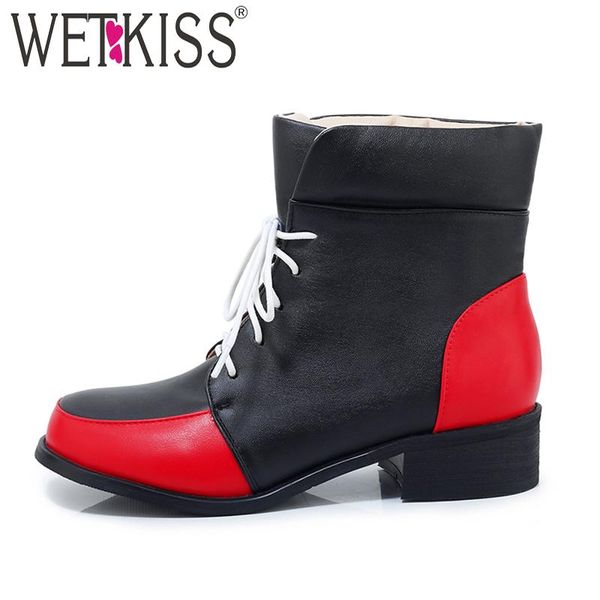 

boots wetkiss thick heels ankle women motorcycle booties square toe shoes female stitching lace up winter plus size 46, Black