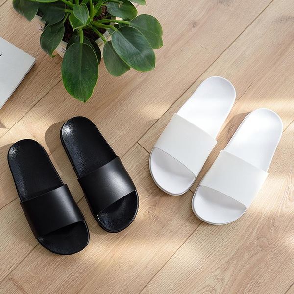 

summer women/men simple fashion flat slides indoor flip flops non-slip bathroom bathe home slippers female soft beach shoes, Black
