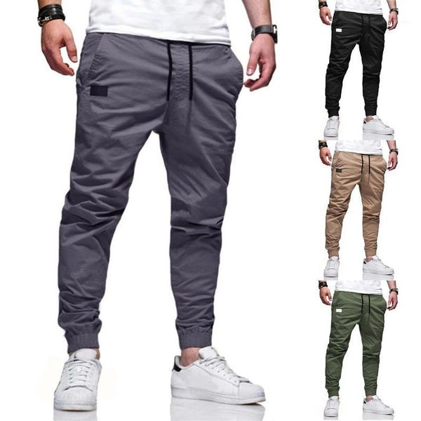 

men's pants fashion casual drawstring elastic mid waist pencil pant solid pocket full length trousers men sweatpants pantalones, Black