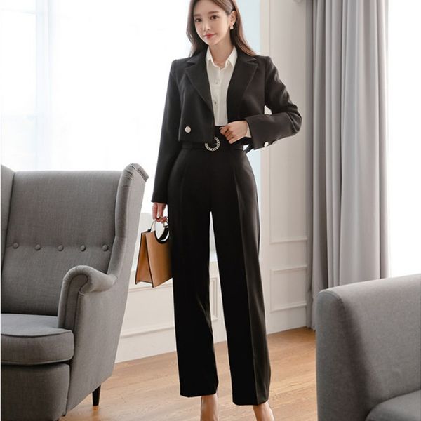 

autumn women suits jacket coat outerwear high waist costume blazer set pants suit office ladies plus size two piece 210525, White