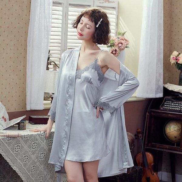 

lady lace floral trim 2pcs robe gown sets v-neck suspender skirt nightdress&kimono bathrobe bride dressing loose home wear women's slee, Black;red