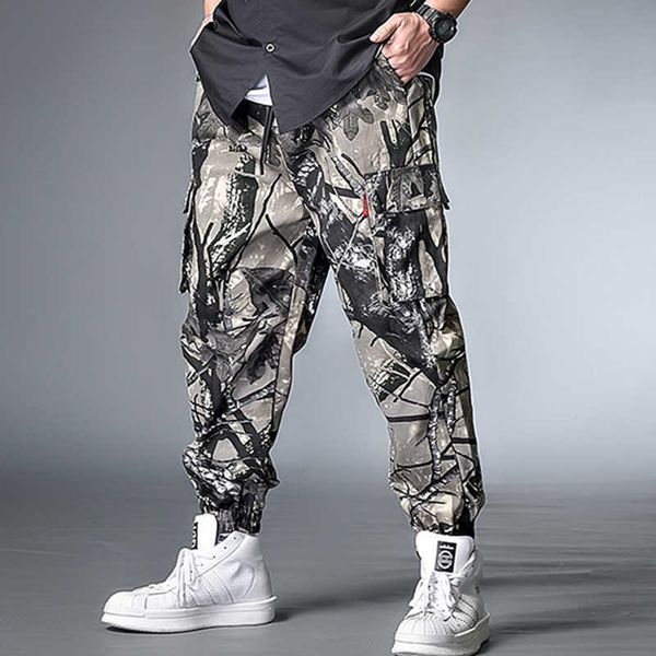 

men cotton plus size xl-7xl printing multi-pocket trousers leaf camouflage long pants all season casual loose pants x0621, Blue