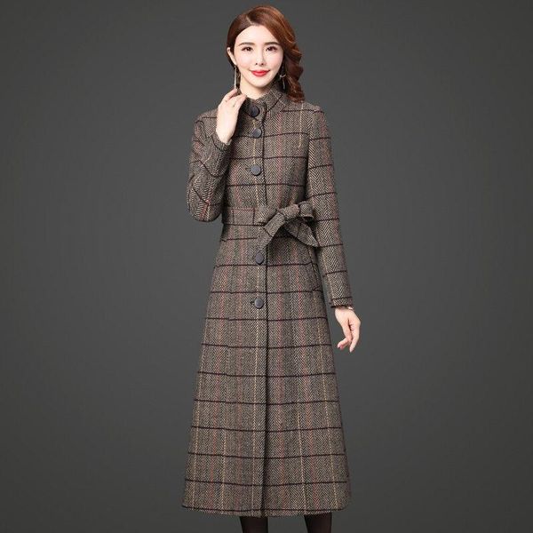 

women's wool & blends 2021 autumn winter women plaid coat fashion long woolen slim female warm trench outwear, Black