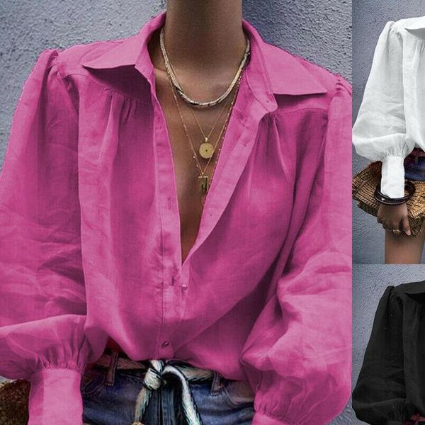 

women womens shirts v neck shirt casual plain loose blouse long sleeve autumn lantern, White