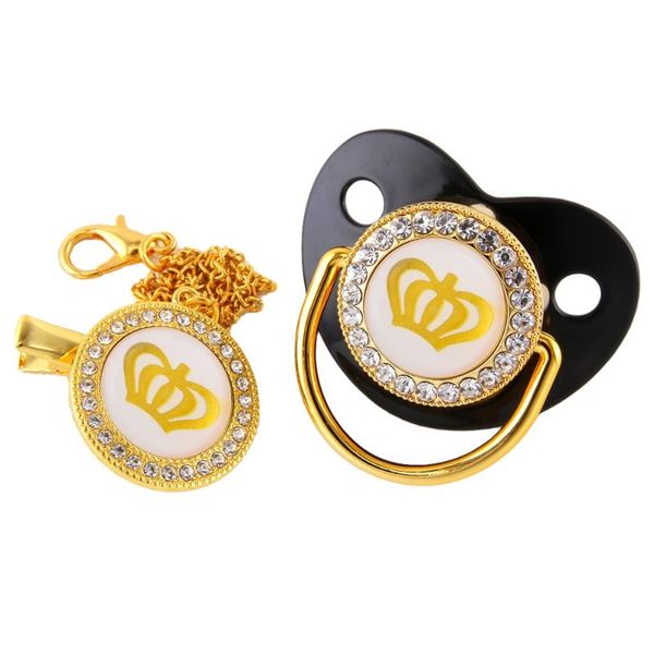 

color gold crown bling baby pacifier and chain clip bpa silicone infant rhinestone nipple soother 0-18 months shower gift pacifiers#