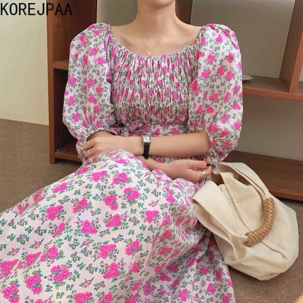 Korejpaa Frauen Kleid Sommer Korea Chic Romantische Retro Floral Quadrat Kragen Rüschen Blase Hülse Große Schaukel Lange Gürtel Vestido 210526