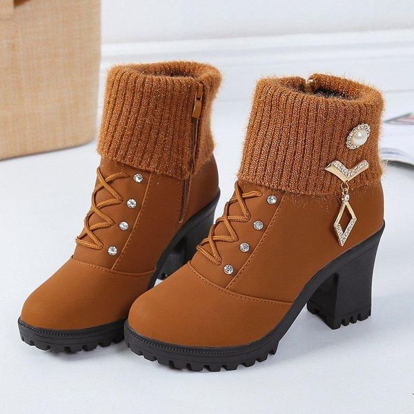 

boots 2021 autumn women thick heel rhinestone decorative short comfortable high snow, Black