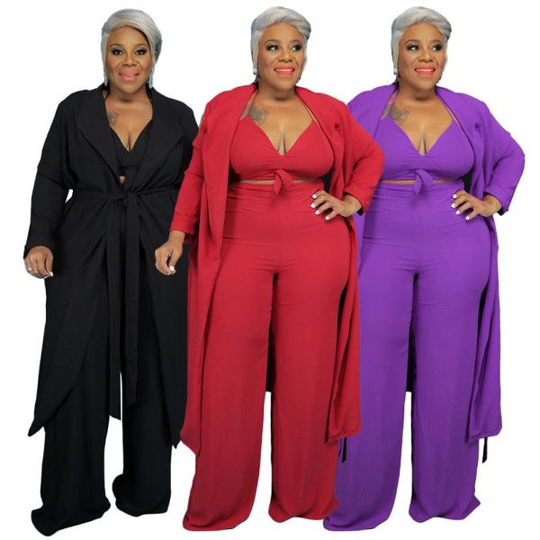 

women's two piece pants shzq plus size elegant clothing women pure color three sets autumn 2021 lace up vest wide leg mid calf cardigan, White