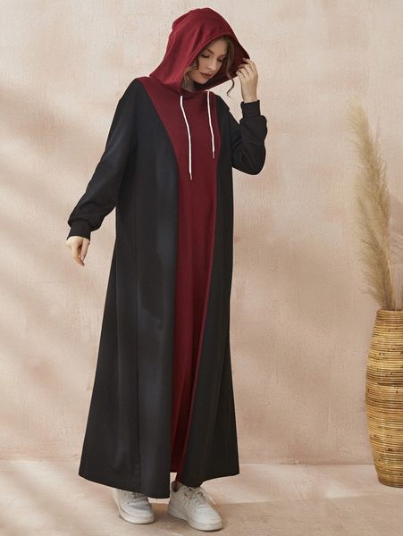 

colorblock drawstring hooded sweatshirt dress w1ae#, White;black