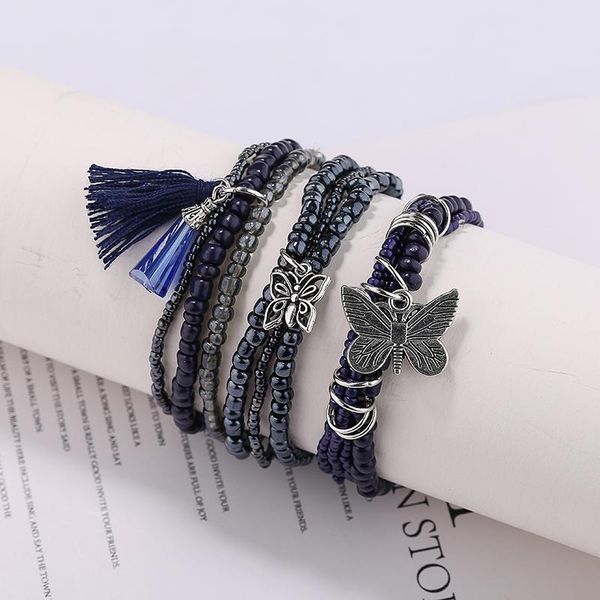 

women bohemian jewelry multilayer elastic set tassel beads bracelets butterfly pendant charm wrap femme pulseras mujer, Golden;silver