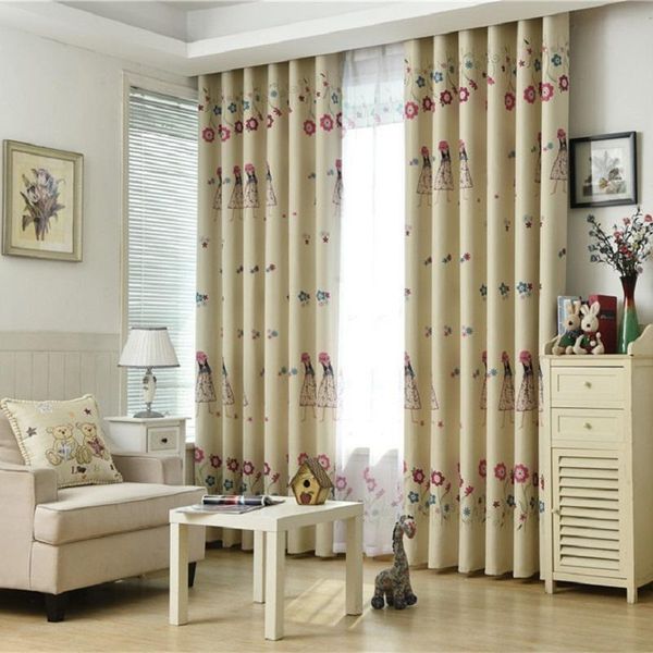 

curtain & drapes modern simple pastoral style cartoon flowers with little girl black silk high blackout curtains for living room bedroom