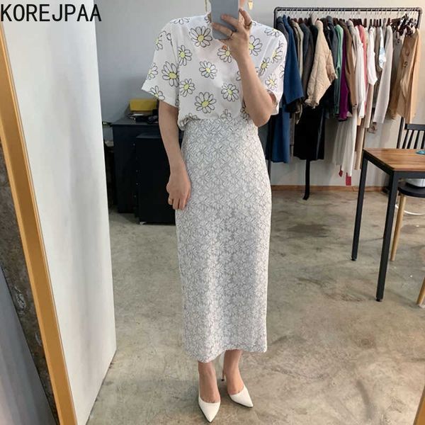 Korejpaa Donna Imposta Estate Coreano Chic Signore Retro Temperamento Girocollo Piccolo Fiore T-Shirt Gonne Stampate a Vita Alta 210526