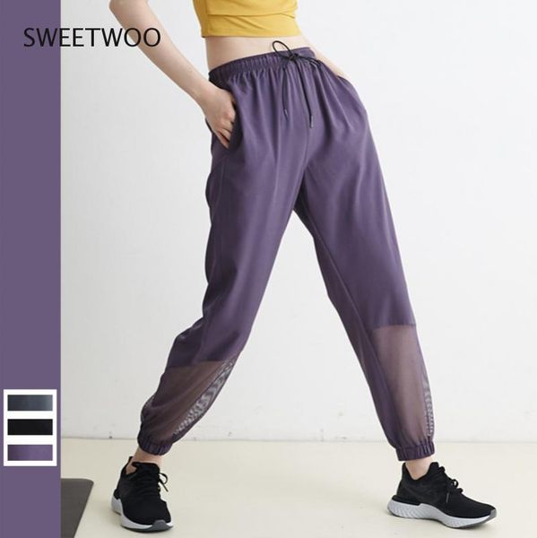 

summer women's sports pants large size loose mesh stitching quick-drying leggings jogging yoga running, Black;blue