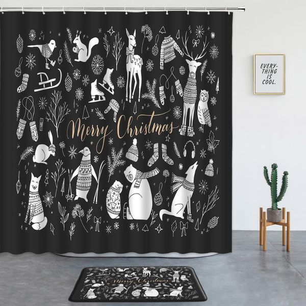 

shower curtains cartoon animal polar bear elk squirrel xmas set christmas decor children's bathroom non-slip rug bath mat black