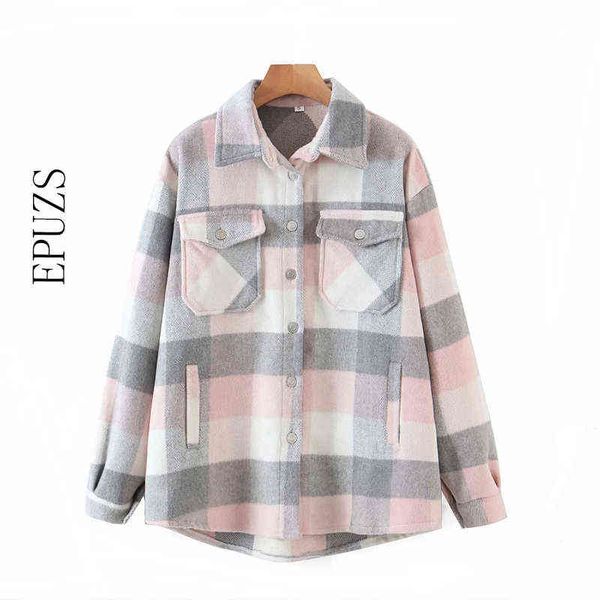 

women green plaid shirt jacket women and blouse winter thick wool shirt coat casual long skeeve plus size shirt female 210721, White