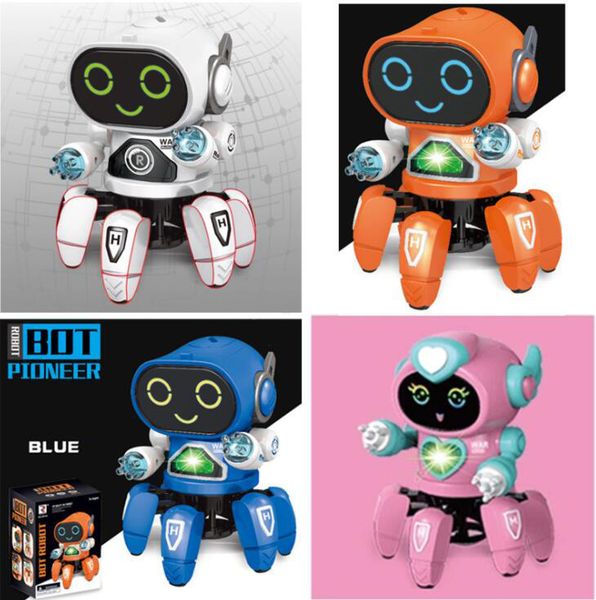 Robot elettrico esapode in acciaio danzante con scatola colorata e giocattoli musicali per bambini