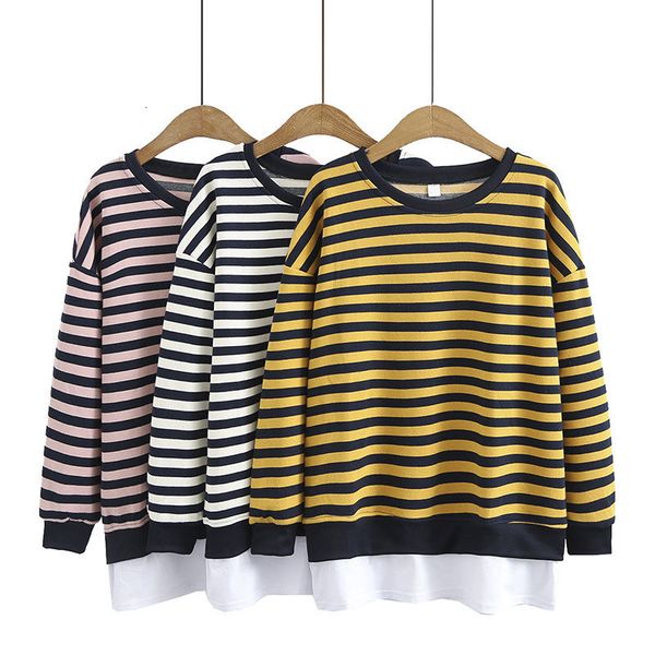 

women's hoodies & sweatshirts spring long casual loose sleeve o-neck stripe cotton pullover plus size kayy, Black