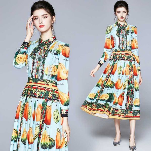 

spring fashion women lace patchwork bow neck fruit vegetable pumpkin print beading pleated dress 210531, Black;gray