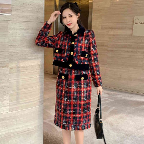 

two piece dress runway designer fall winter women tweed woolen set vintage plaid jacket coat and skirt suit lady office 2 outfit owcc, White