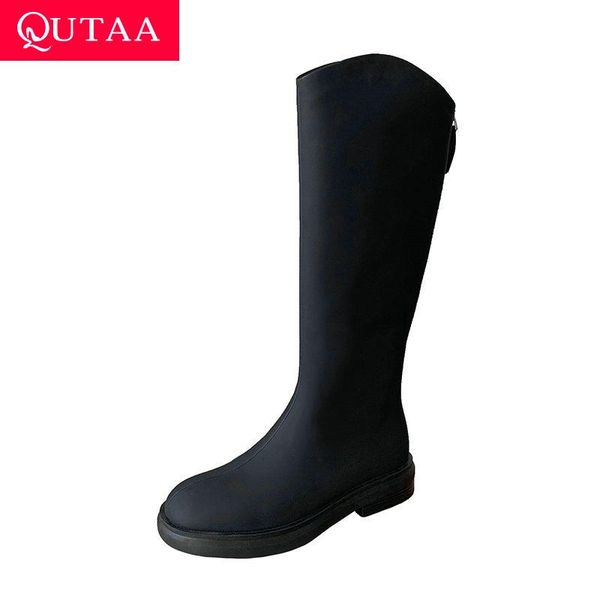 

boots qutaa 2022 winter microfiber knee high female round toe zipper long square low heel women shoes big size 34-39, Black