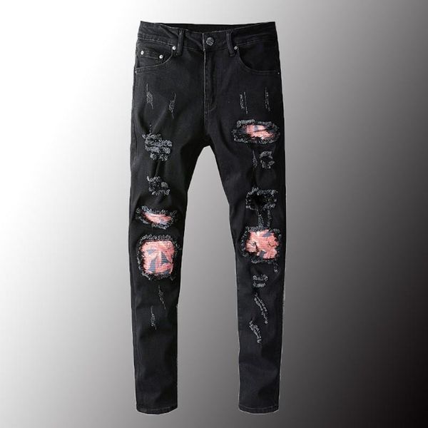

men's jeans streetwear patchwork ripped slim skinny holes black stretch denim pants patch design trousers plus size 40, Blue
