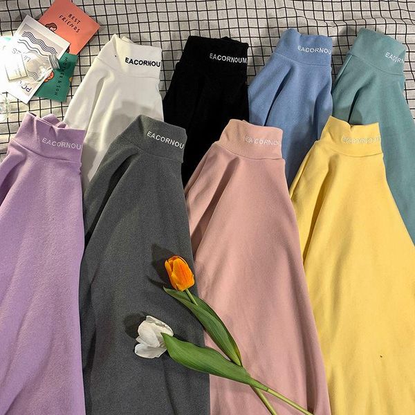 

women's t-shirt neploha letter embroidery half high neck women long sleeve t shirt hong kong casual woman pullovers fashion harajuku co, White