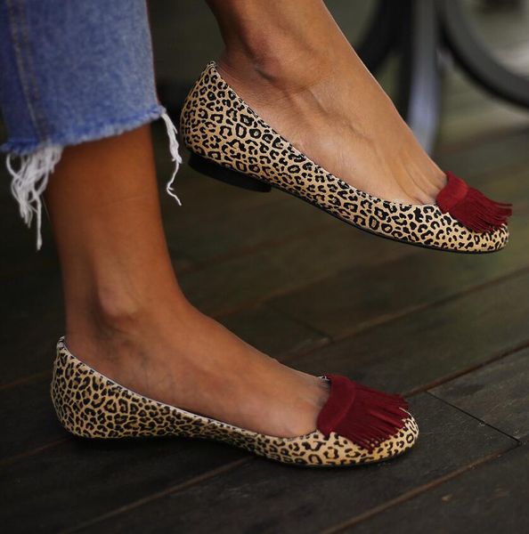 

2021 new leopard print women's flat shoe tassel 40-43 single shoes 34-43, Black
