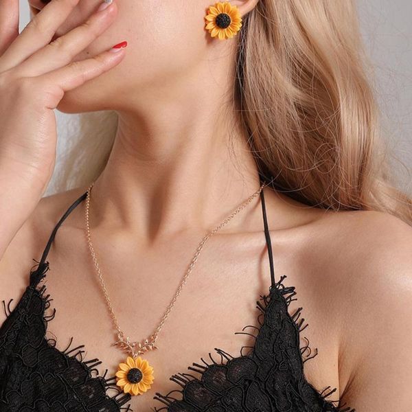 

earrings & necklace sunflower and set exquisite rose creative leaf branch pendant women jewelry gift, Silver