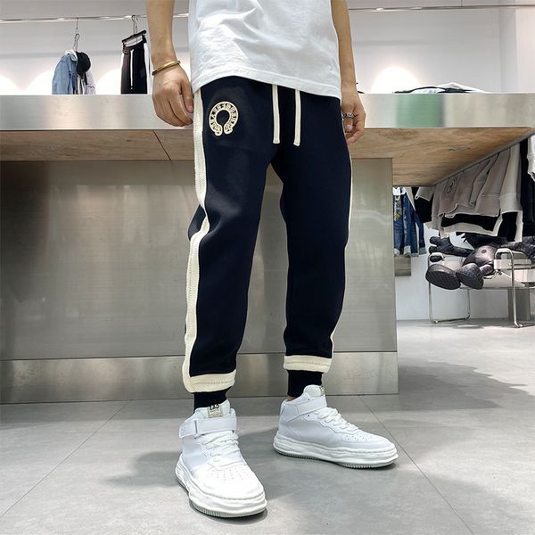 

ins' trendy cro ch legged casual pants men's side stripe embroidered sweat slim fit footwear, Blue