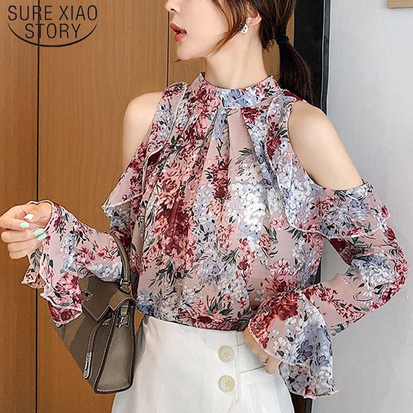 Moda outono floral ombro-exposto chiffon camisa longa manga borboleta temperamento mulheres tops casual blusa de impressão 5791 50 210527