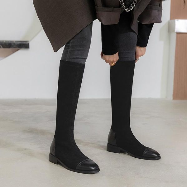 

boots 2021 winter women long fashion splicing casual knee high low heels slip on black brown super size 33-46