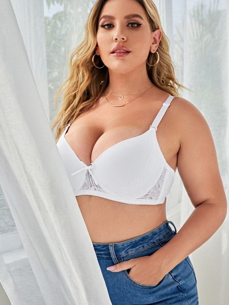 

plus contrast lace underwire bra b8gf#, Black;white