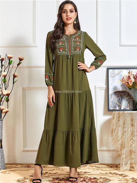 

chic ethnic floral embroidery maxi dress for women fall 2021 army green o neck long sleeve arabic muslim clothes casual dresses, Black;gray