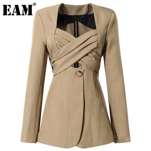 

[eam] women khaki bow cross bandage blazer v-neck long sleeve loose fit jacket fashion spring autumn 1dd3607 210930, White;black