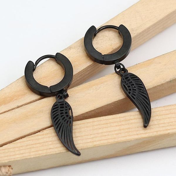 

hoop & huggie 2021 fashion black punk vintage leaf wing earrings for women men party jewelry stainless steel feather dangle earring, Golden;silver