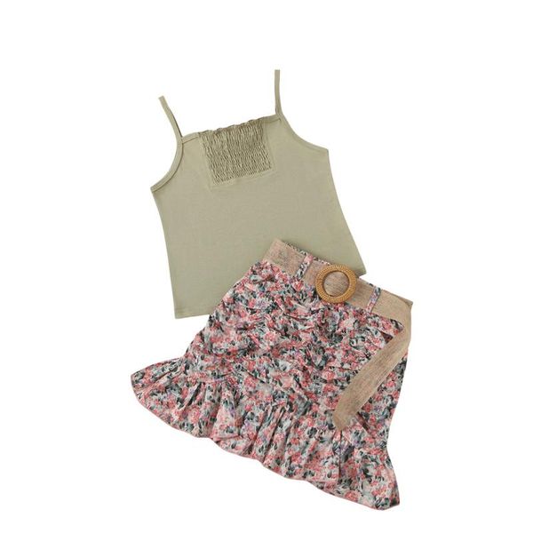 

clothing sets 2pcs fashion children girls outfit, sweet style solid color suspender + floral printing flouncing short skirt set, White
