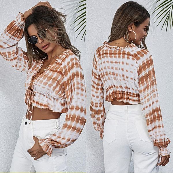 

women's blouses & shirts 2021 spring summer clothes women v-neck tie-dye print crop stylish long sleeve lace-up for ladies fem, White