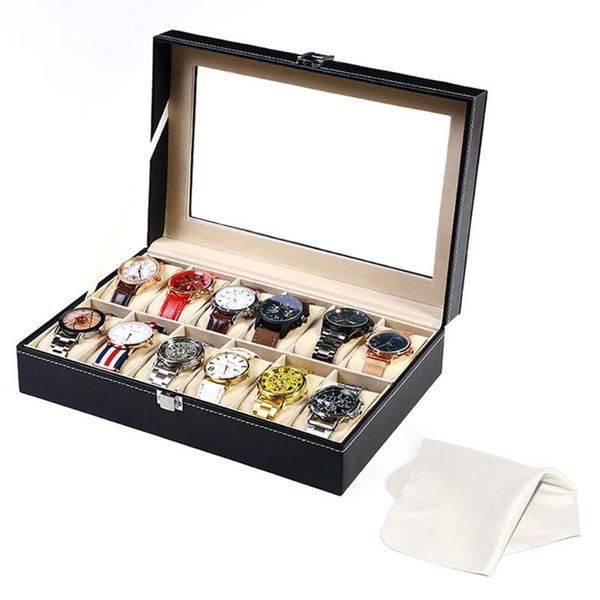 

watch boxes & cases black pu leather 2/3/6/10/12/8 + 2 slots wrist display box storage holder organizer case jewelry, Black;blue