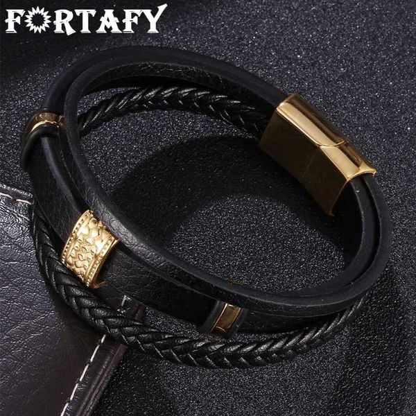 

charm bracelets fortafy jewelry for men trendy multilayer braided rope leather gold stainless steel magnetic clasp male bangles fr1050, Golden;silver