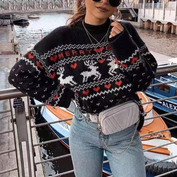 

women's sweaters autumn winter christmas pattern women jumper fashion round collar long sleeve loose pullovers xmas gift, White;black